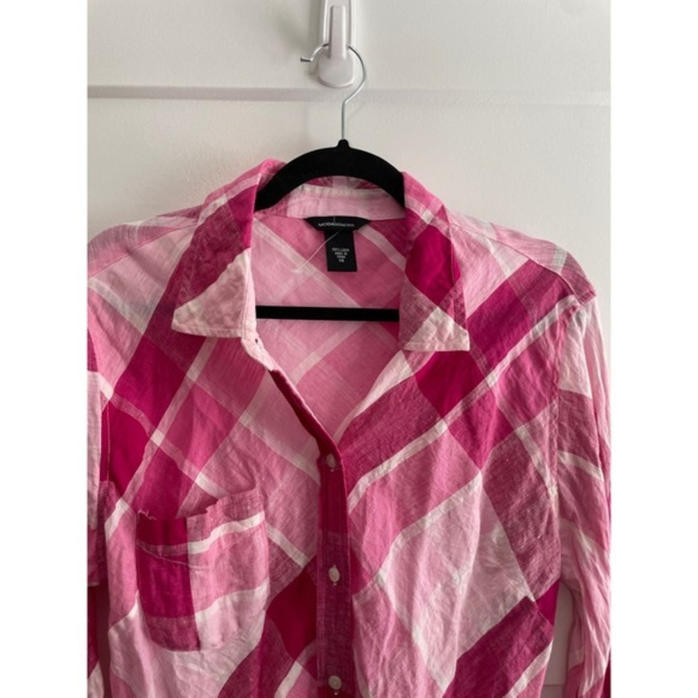 Moda International Pink Plaid 100% Linen Button‎ Down Shirt Dress Womens 14 - Picture 3 of 7